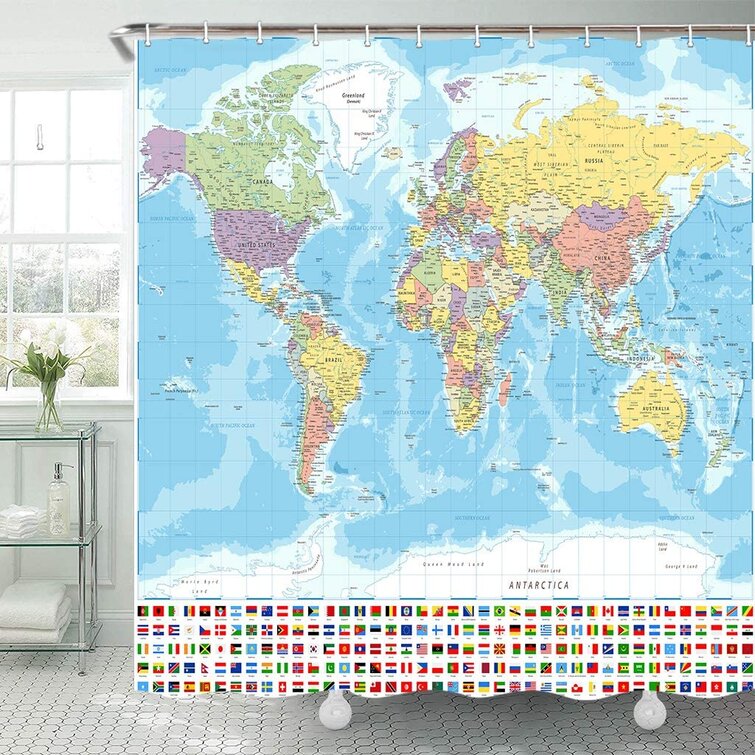 Educational World Map Fabric Bathroom Shower Curtain with Hooks Kids Bathroom Decor 69x70 Inches World Map Shower Curtain World Map with Countries and Major Cities National Flag Bathroom Curtain 