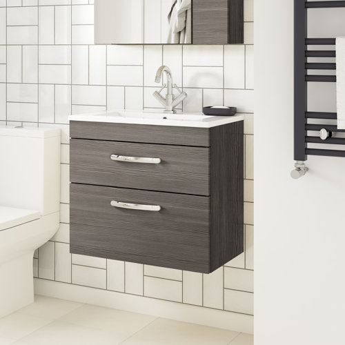 Vasari Vista Brown Grey Avola Double Drawer Wall Hung Vanity Unit & Mid Edge Basin - 600mm Width