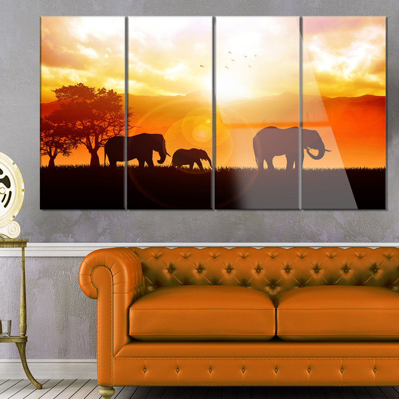 Designart Elephants Walking At Sunset 4 Piece Photographic Print On Metal Set Wayfair
