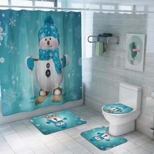 Christmas Decoration 4pcs Bathroom Screen Shower Curtain Snowman Bath Rugs Mat 