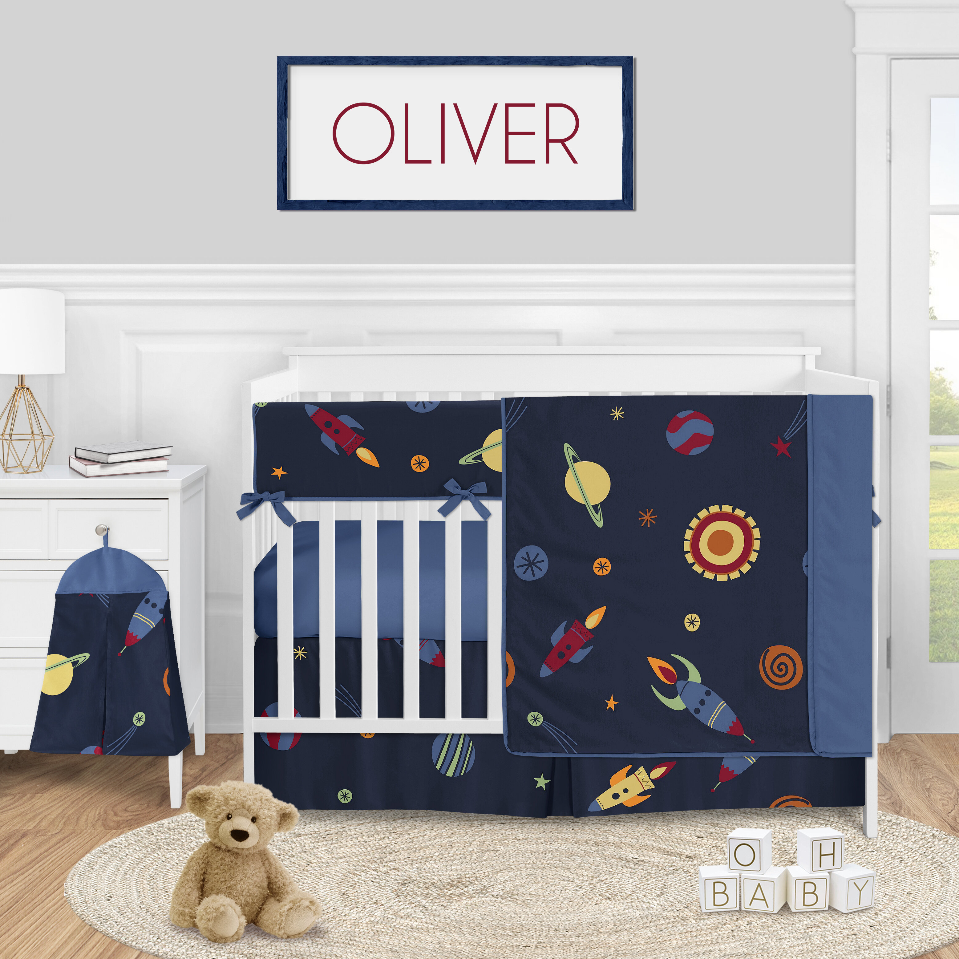 navy and yellow crib bedding