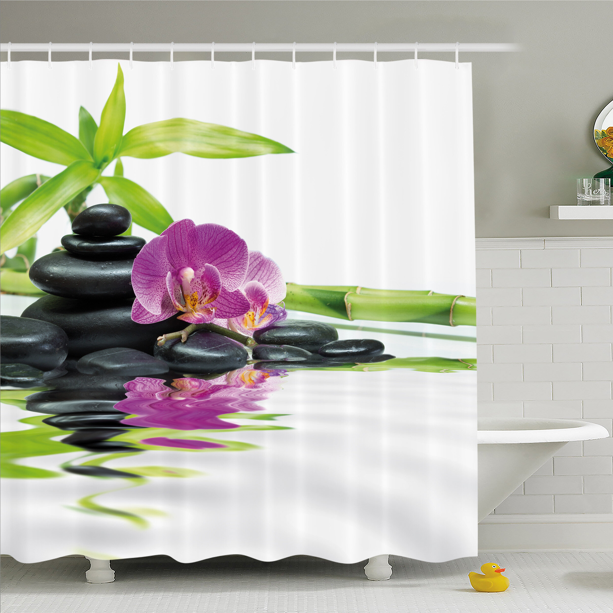 Zen Bamboo Stone Lotus Flowers SPA Shower Curtain Set Bathroom Waterproof Fabric 