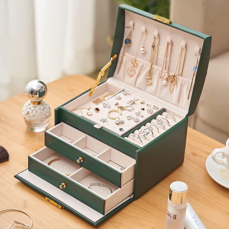 3 Layer Jewellery Box Cabinet Earrings Case Ring Bracelet Mirror Lock Organizer