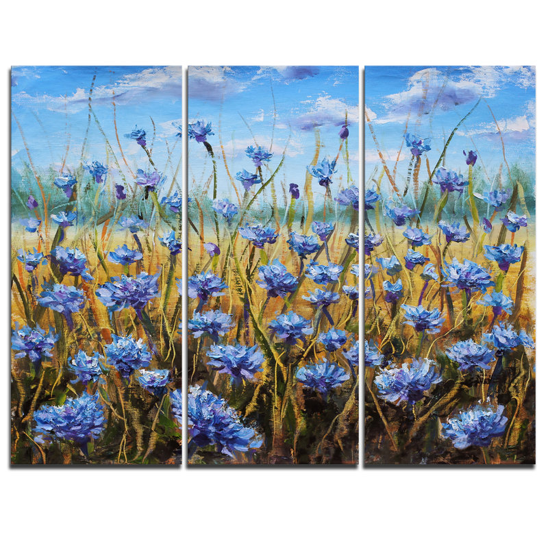 Designart Blue Flowers In Meadow Painting 3 Piece Graphic Art On