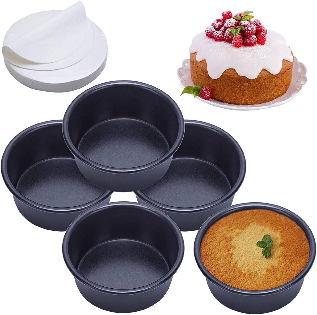 4 Pcs Round Cake Baking Pan Stainless Steel Healthy & Easy Clean Mini Cake Pans with Silicone Spatula & Silicone Brush & Measuring Spoons & Egg Separator TeamFar 4 Inch Cake Pan Set 
