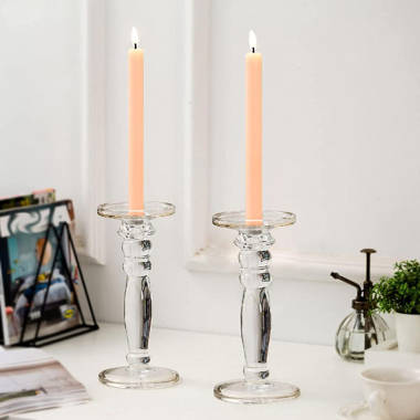 Home Decor Clear Crystal Glass Flower Design Candle Holder Taper Set 2 