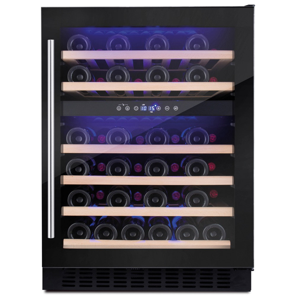 600 MM Freestanding Wine Cooler, 46 Bottle Capacity, Dual Electronic Temp Controlled Zones 5-20, Black Glass