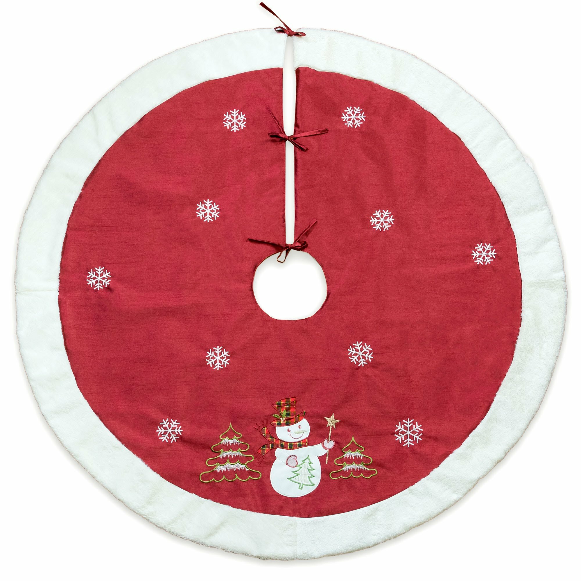 36 Red Non-Woven Christmas Tree Skirt with Snowman & Edge Red 