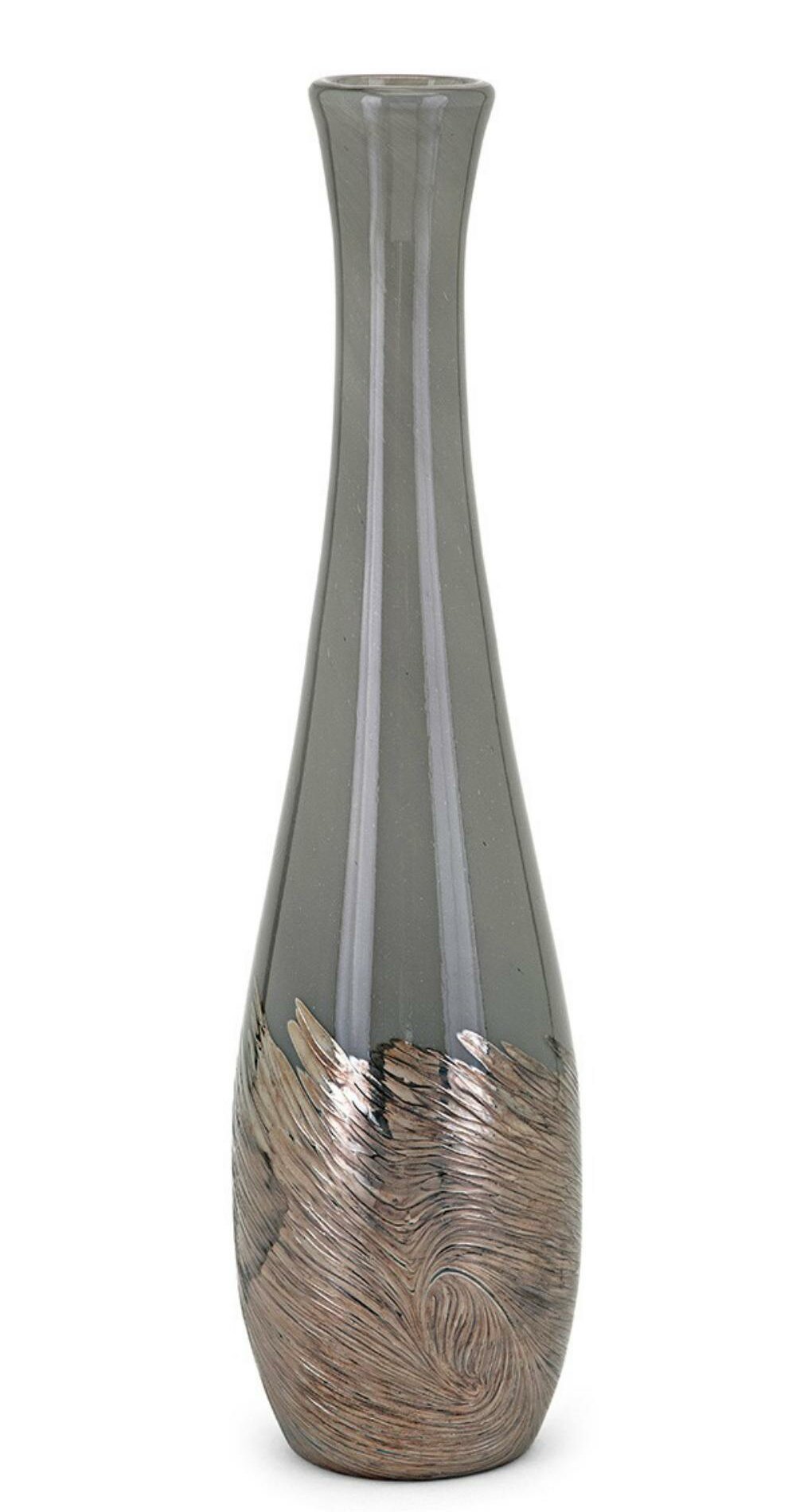 glass bottle vase with swirls textured base and flared opening grey and gold large