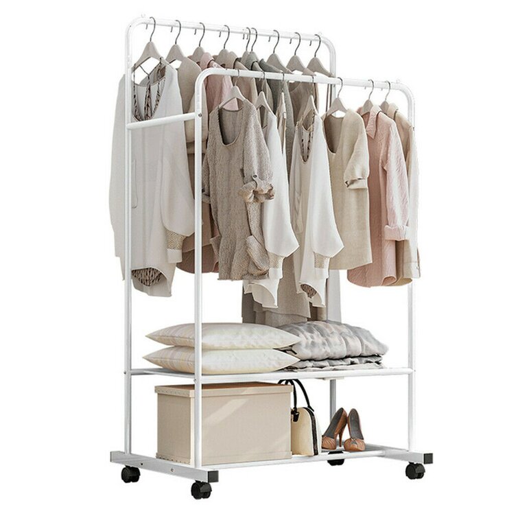 White Elegant Garment Dual Clothes Rack Rail Rolling Hanging Shelf Closet Storag
