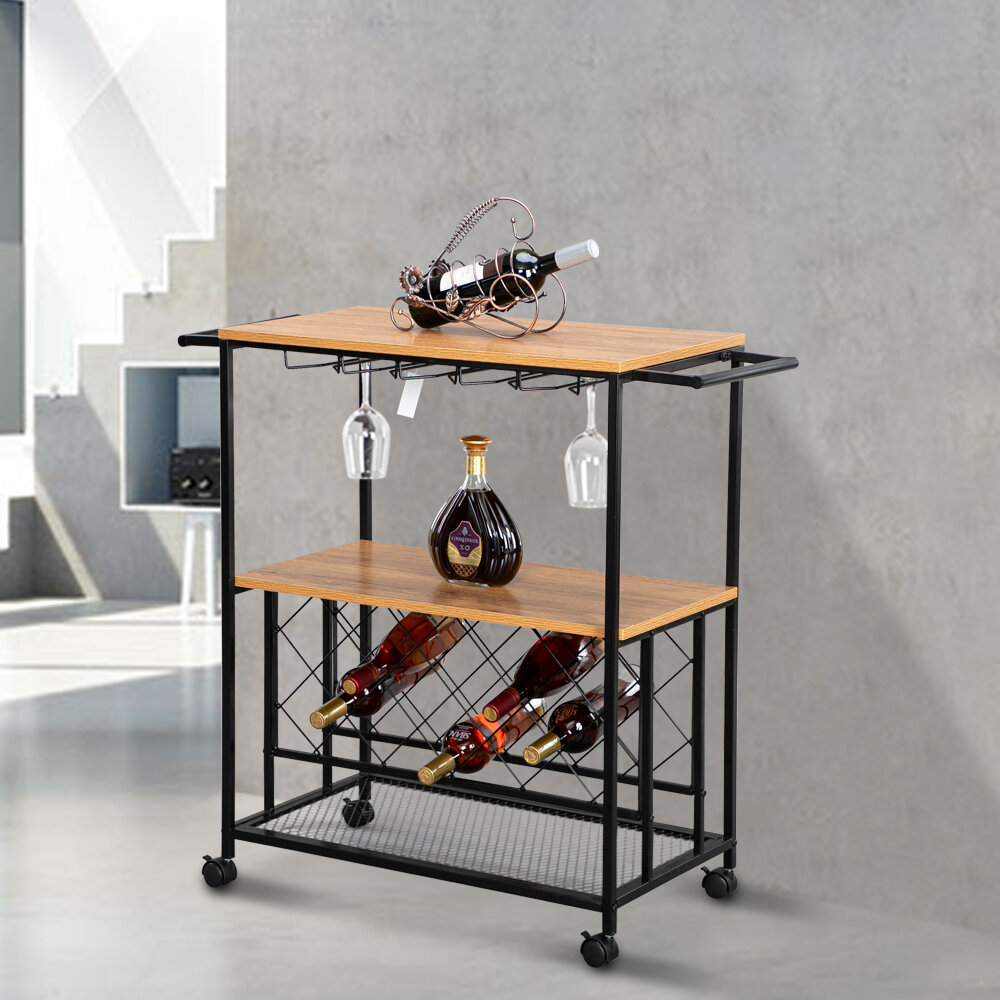 17 Stories New Milford Industrial Wine Rack Kitchen Rolling Storage Bar Table Serving Trolley Bar Cart Wayfair