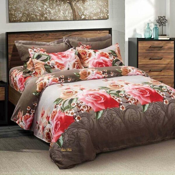 Victorian English Country Style Roses Floral Duvet Cover Set with Pleated Edges