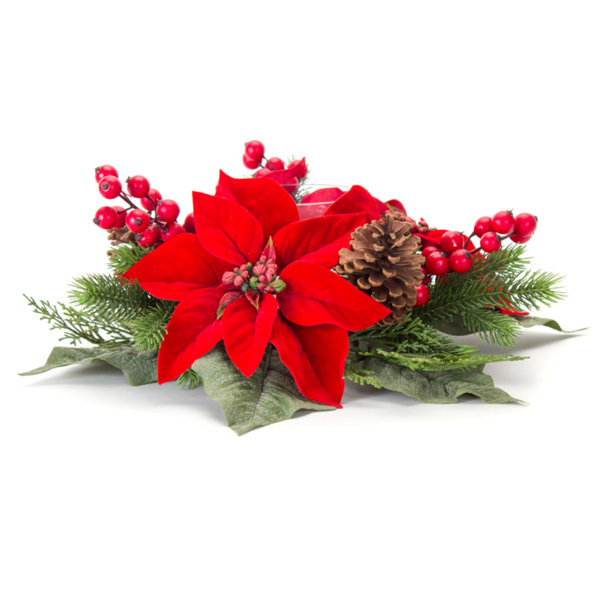 The Holiday Aisle Pine And Poinsettia Candle Holder With Glass 17 D X 7 H Polyester Glass Wayfair