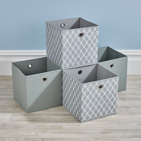 Folding 2 Grey 2 Patterned Square Storage Utility Box Fabric Cube 4pc Basket Set 