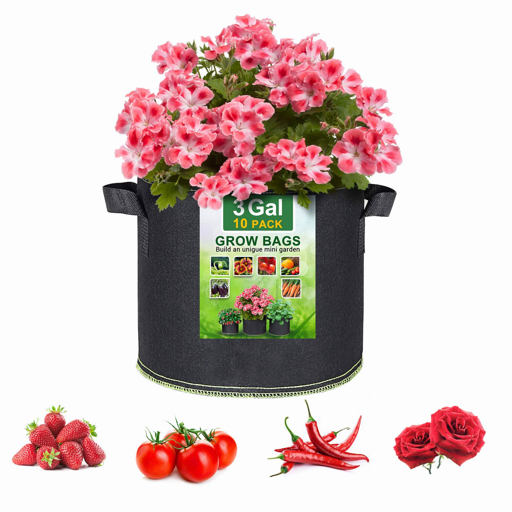 10 Plant Grow Bags Fabric Pot Nursery Soil Bag Thickened Nonwoven with Handles 
