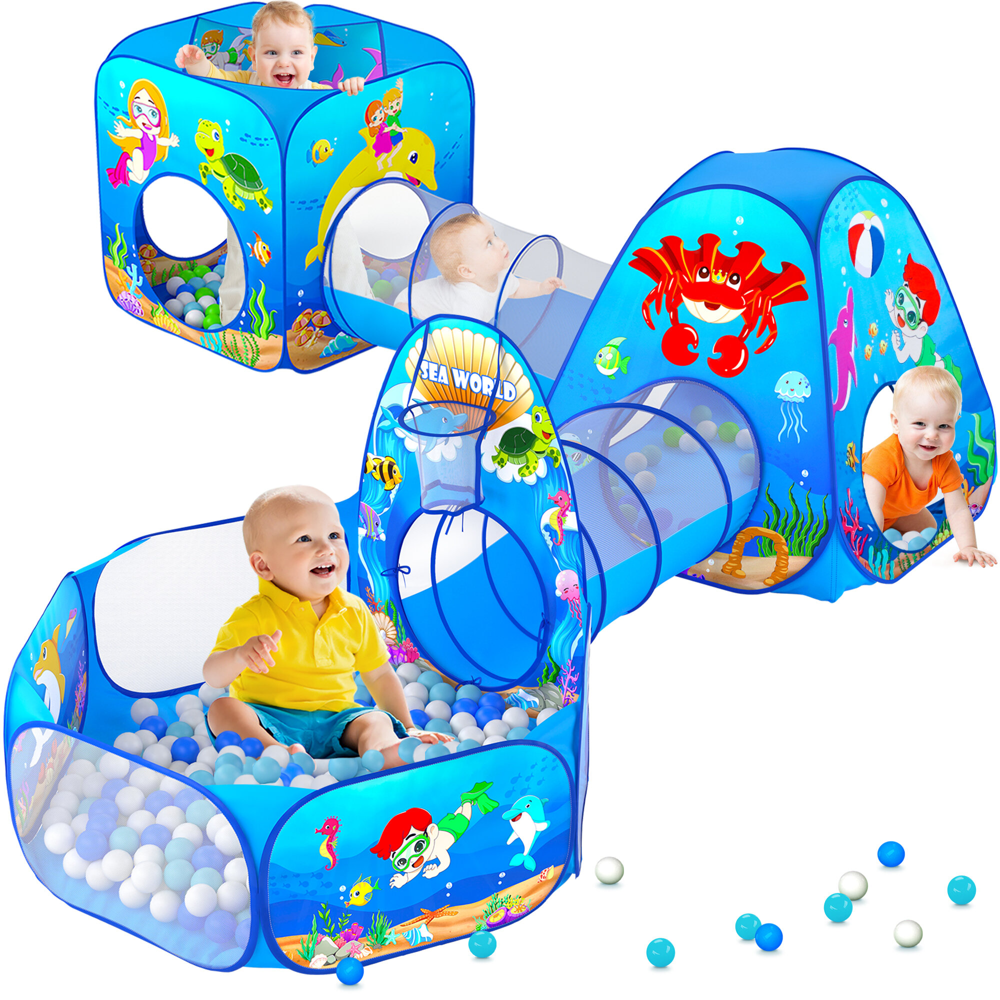 Ball Pit Pool & Tube Tunnel Playhouse 3-in-1 Kids Pop Up Adventure Play Tent 
