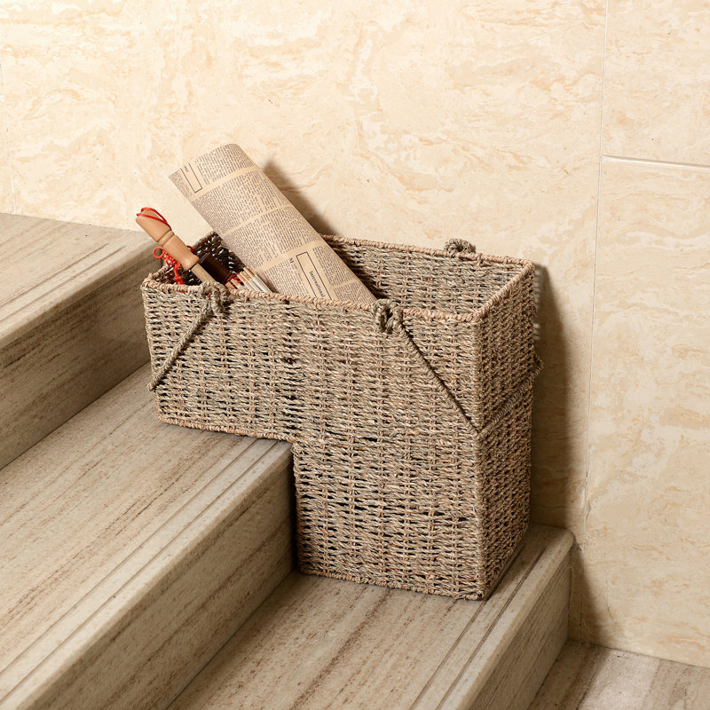 14-Inch Wicker Staircase Basket with Handles - Handmade L-Shaped Woven Seagrass Stair-Style Storage Organizer - Durable Container by Villacera Color: Tan