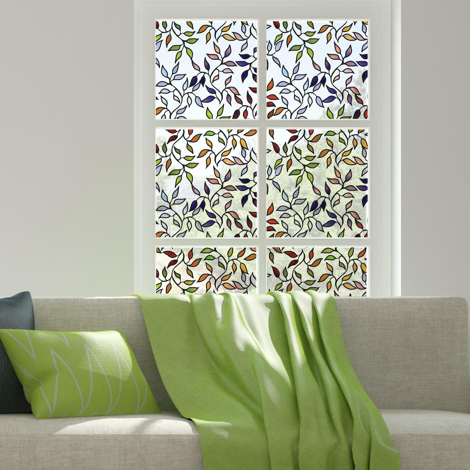 Colour Leaves Window Film Print Sticker Cling Stained Glass UV Block Gift Deco 