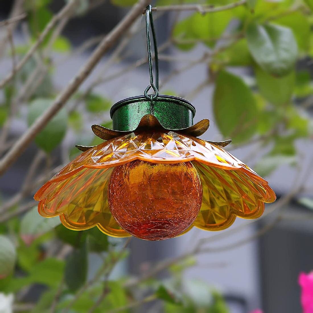Solar Powered Hanging Crackle Globe Light Outdoor Garden Yard LED Color Changing 