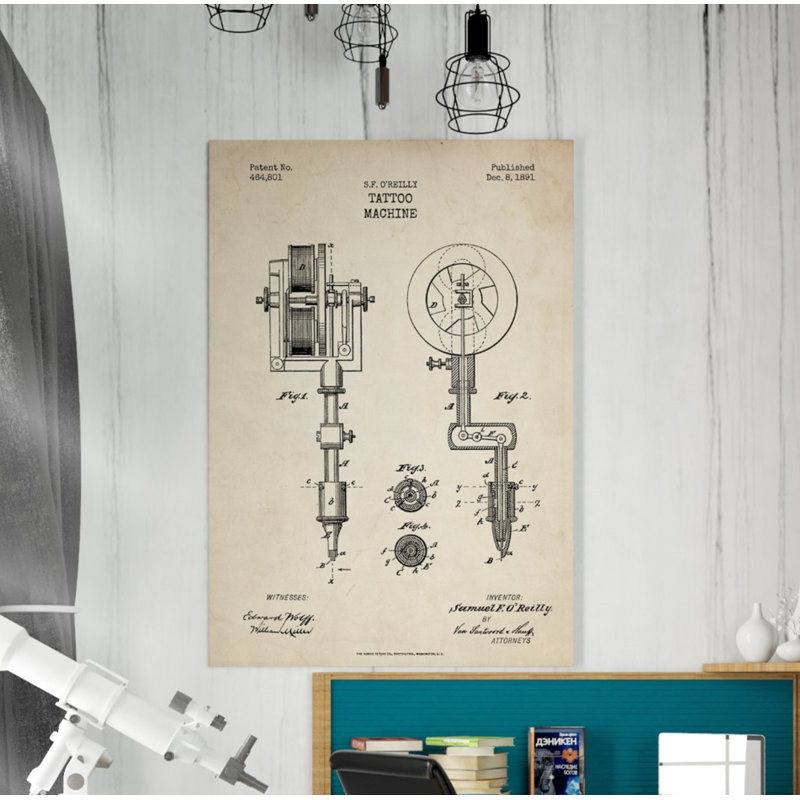 Williston Forge Tattoo Machine Blueprint Patent Parchment Print On Wrapped Canvas In Beige Wayfair