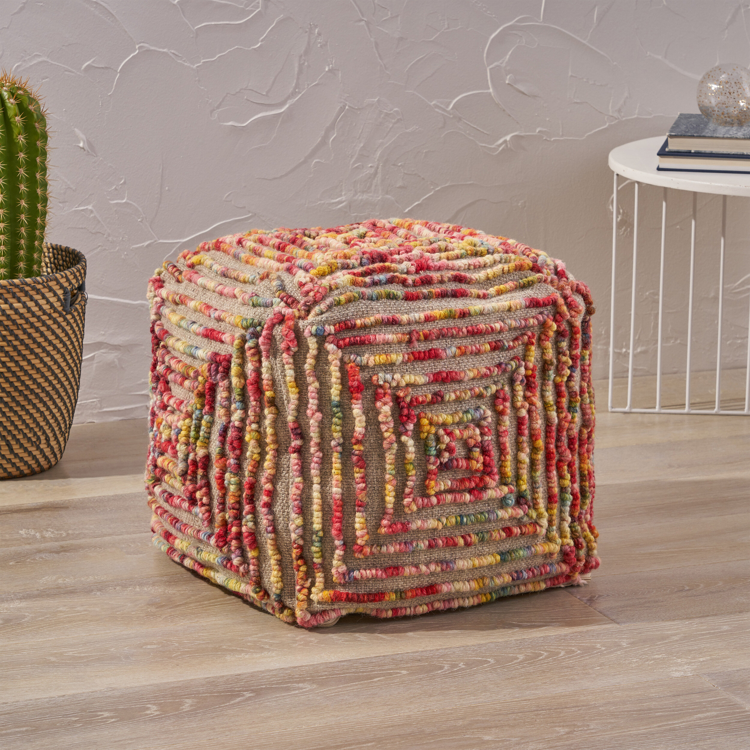 Great Deal Furniture Hannah Boho Jute and Chindi Pouf Multicolor