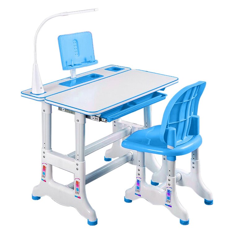 Stand Multifunctional Study Table Workstation for Home//school Students Height Adjustable Children Study Table Pull out Drawer Storage with Tilted Desktop Kids Study Desk and Chair Set Blue
