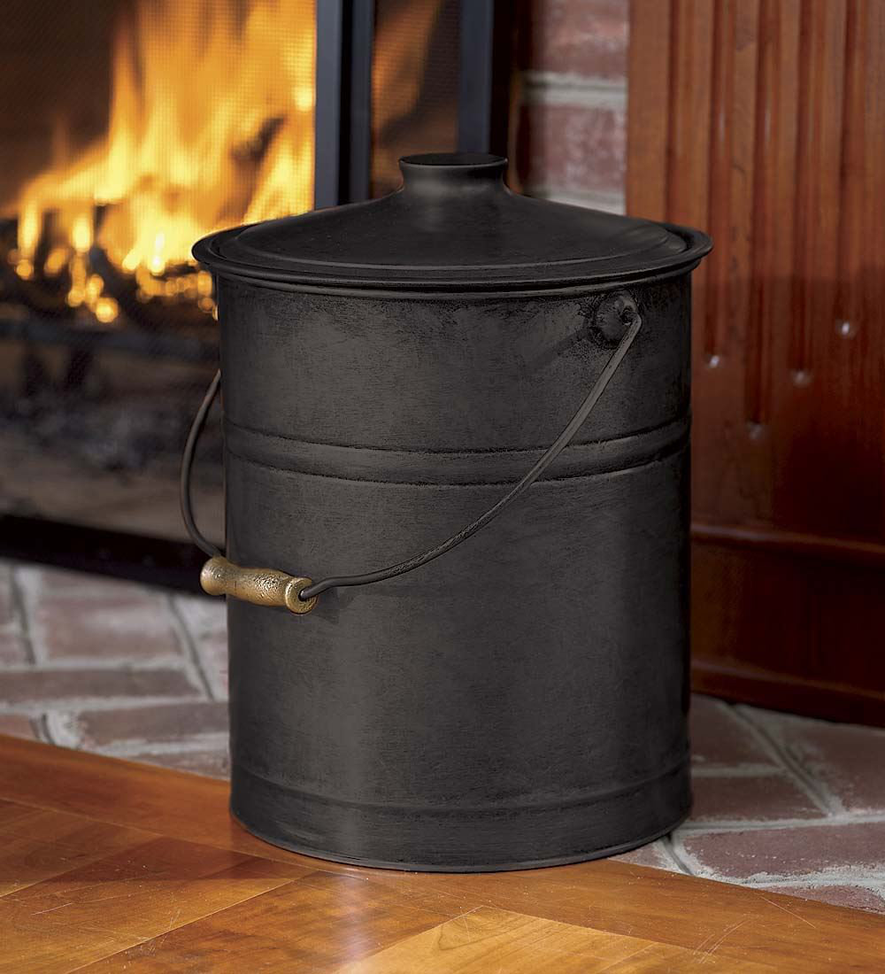 Plow & Hearth Galvanized Steel Ash Bucket with Handle, Lid and Double