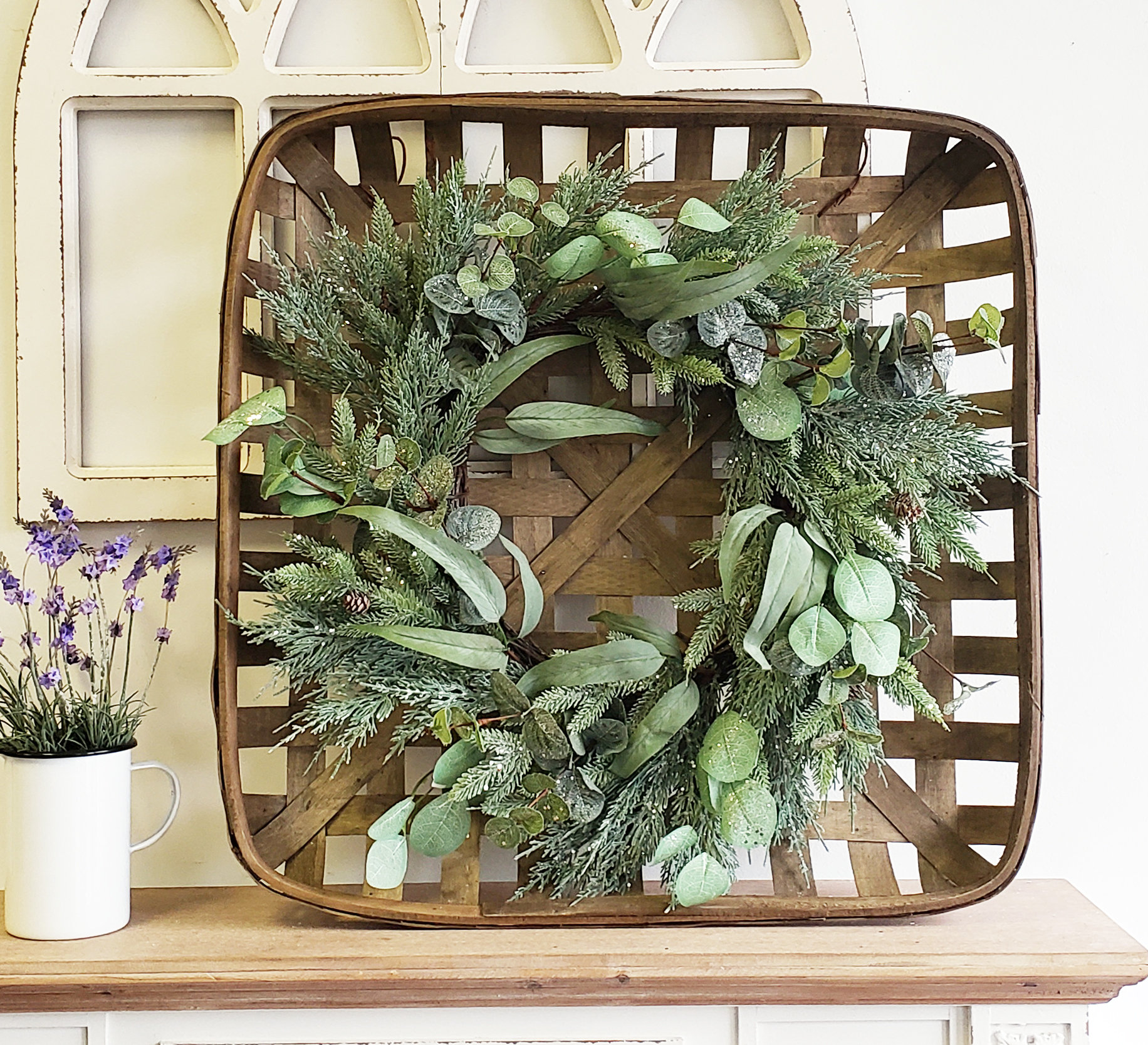 Whitewashed Tobacco Basket with Lavender Wreath Lavender Wreath Tobacco Basket with Wreath