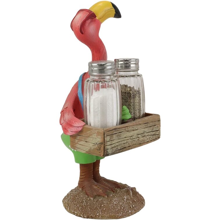 Ebros Tropical Paradise Bird Pink Butler Flamingo With Cool Shades And Spice Basket Display Holder Statue With Glass Salt And Pepper Shakers Set Wild Birds Decor Figurine Kitchen Dining Centerpiece