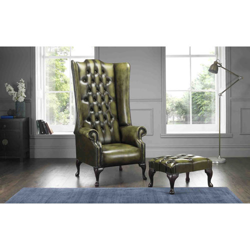Colucci High Back Wing Chesterfield Chair and Footstool Astoria Grand Upholstery: Antique Olive