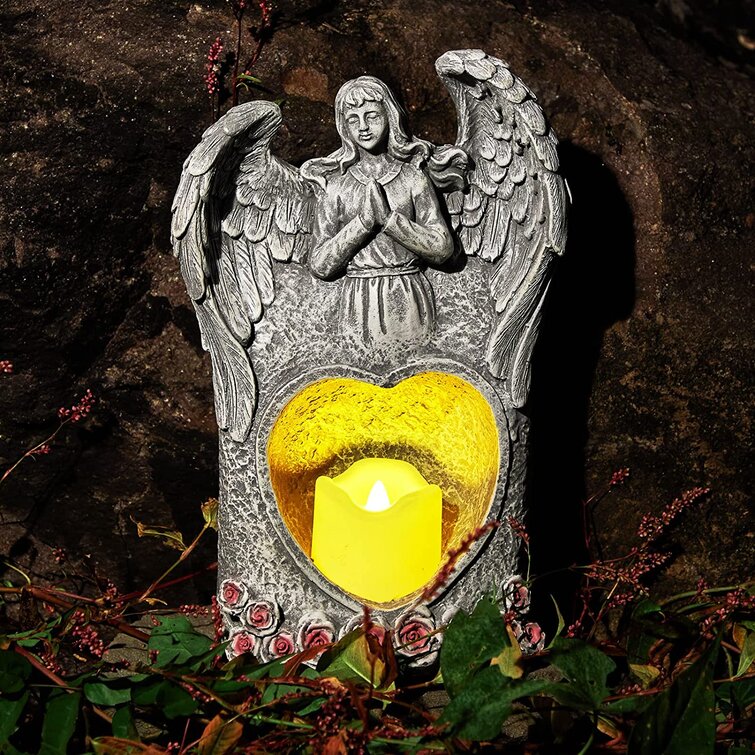 MEMORIAL ANGEL STAKE w OUTDOOR FLAMELESS CANDLE Grave Marker Light Loving Memory 