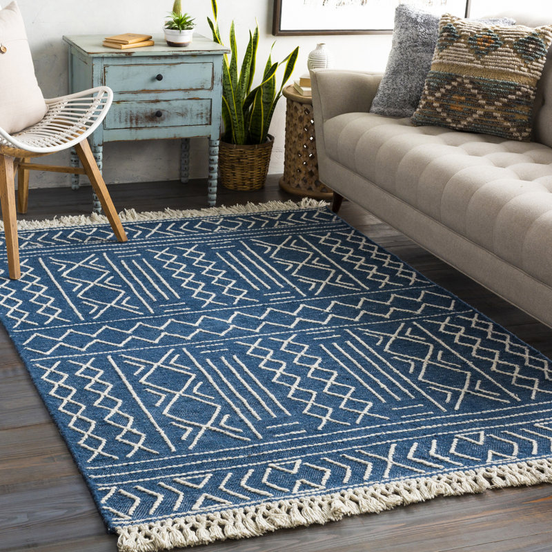 Cypres Geometric Hand Tufted Wool Navy Blue Beige Area Rug