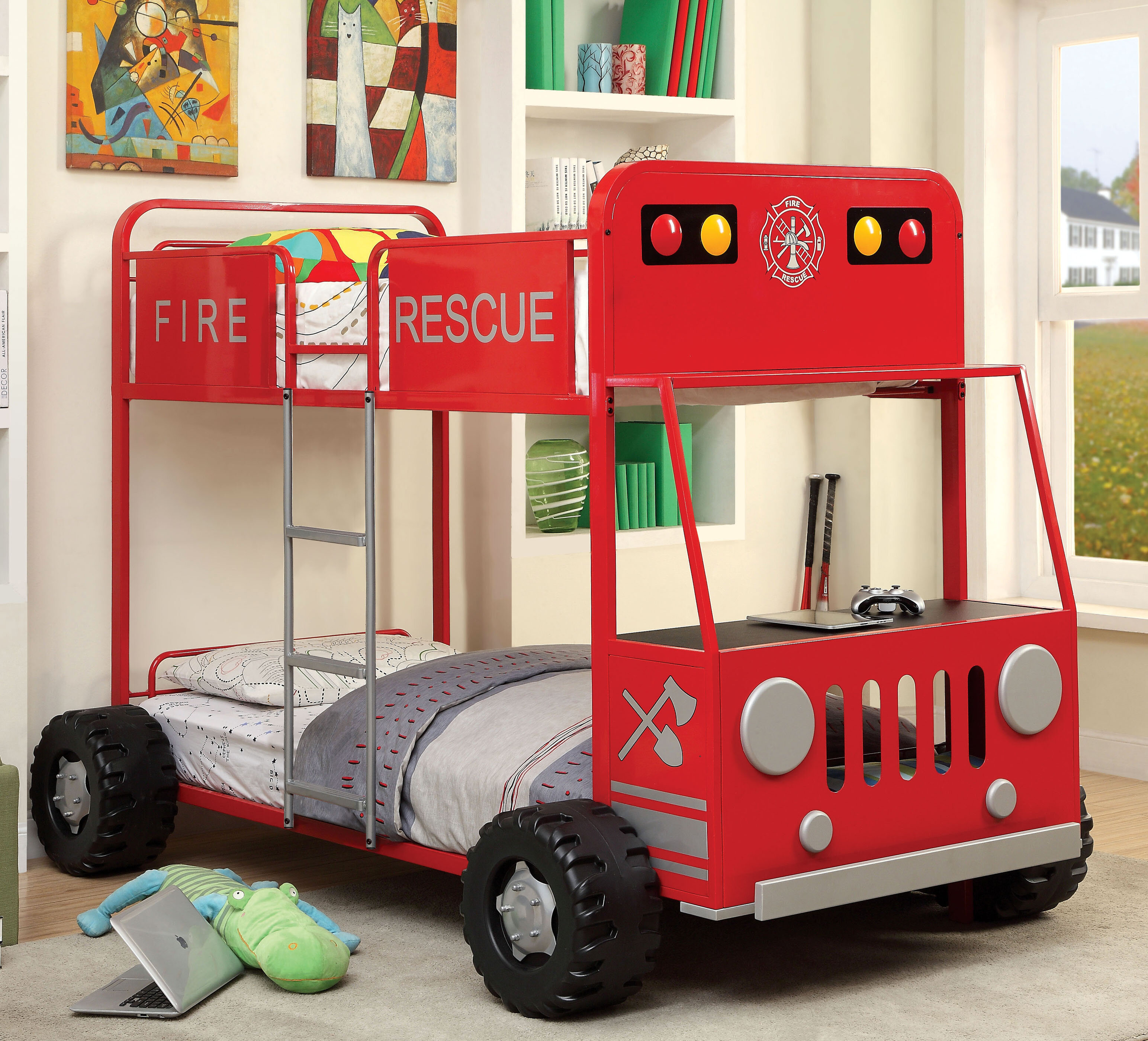 Hokku Designs Fire Engine Twin Over Twin Bunk Bed With Desk And
