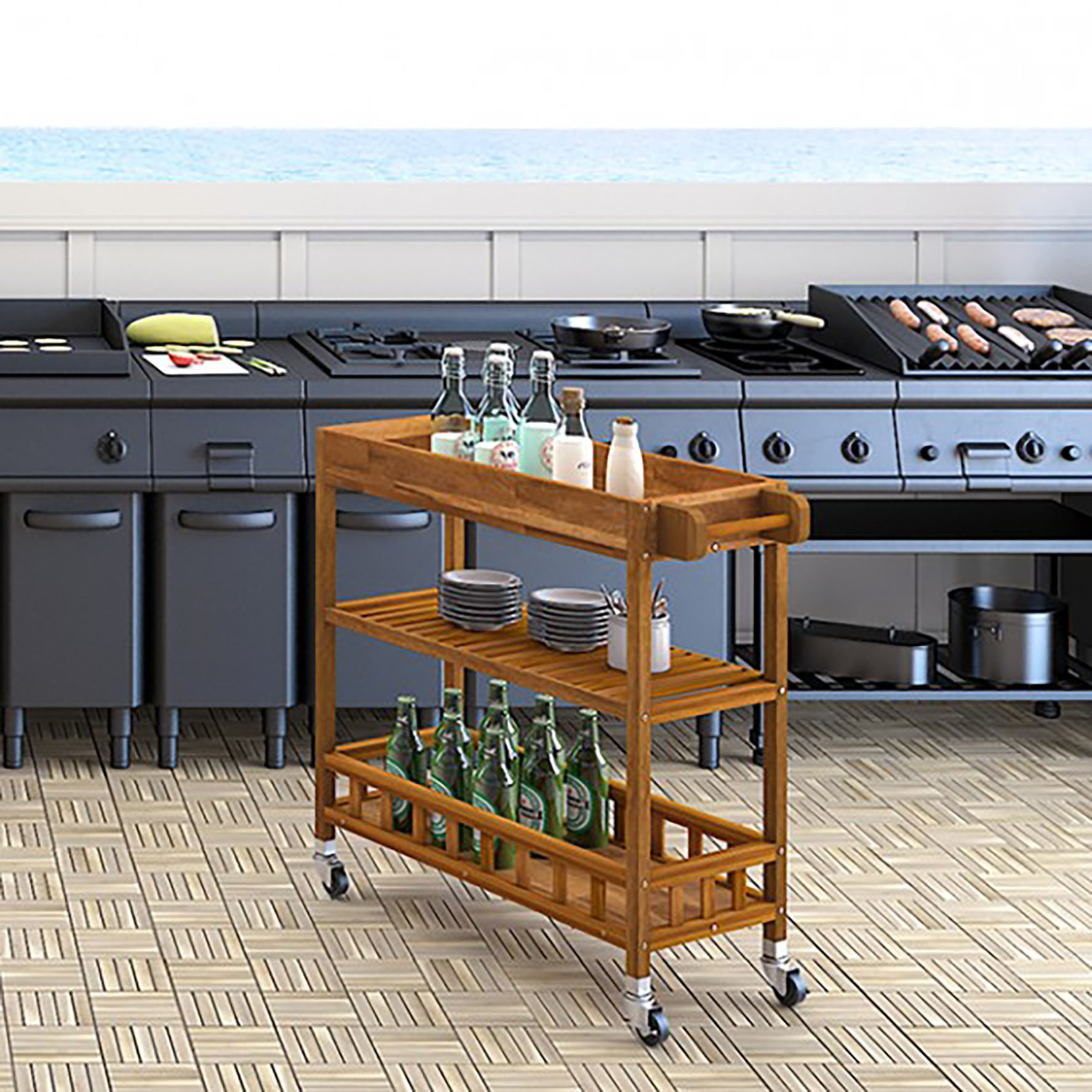 INTERBUILD 3Tier Solid Acacia Bar Cart Wayfair