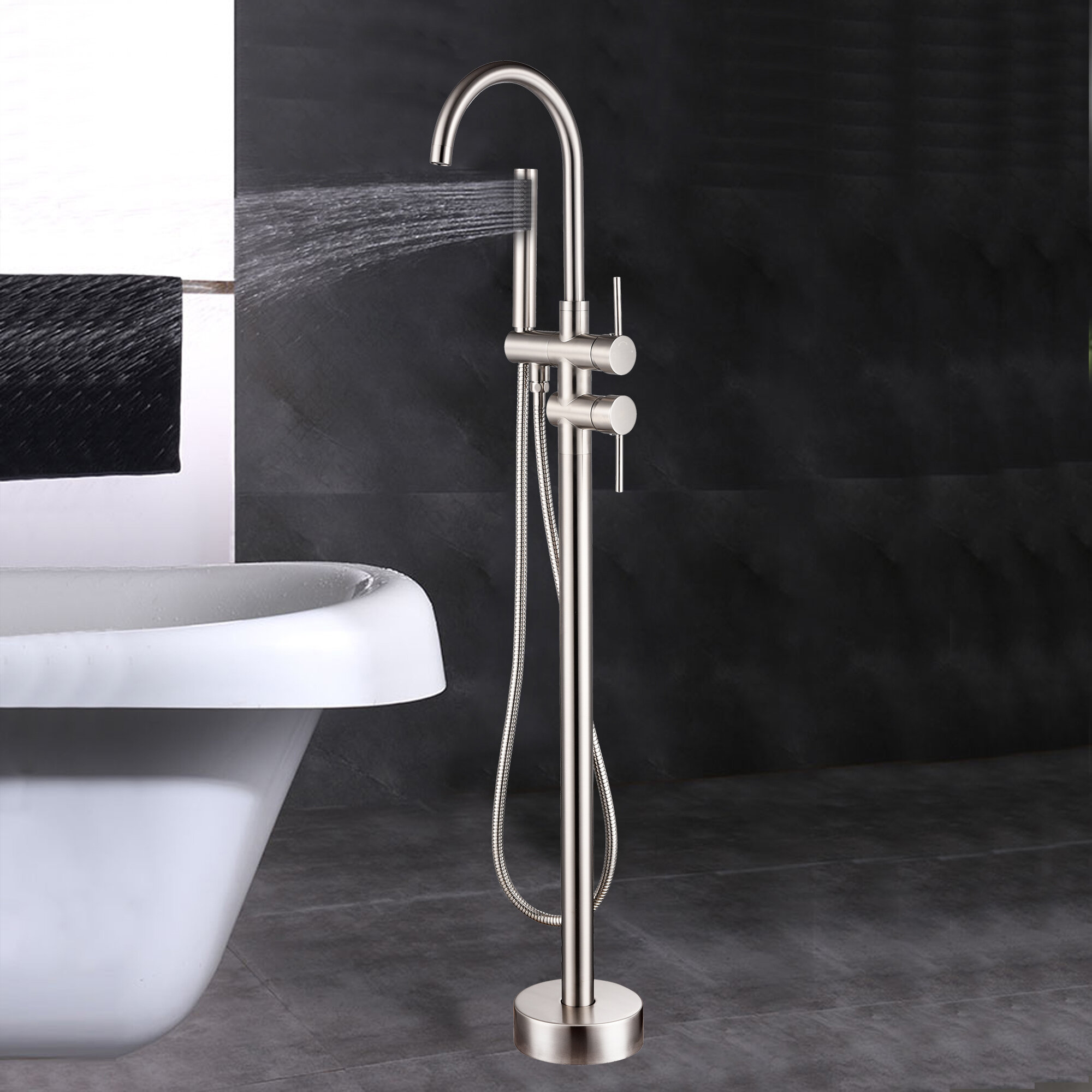 Vanity Art Single Handle Floor Mounted Tub Filler With Hand Shower