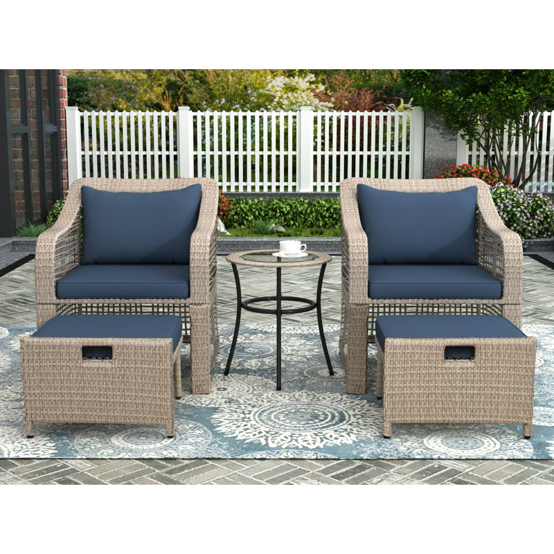 Rosecliff Heights 5 Piece Outdoor Conversation Set Patio Furniture Set Bistro Set Rattan Wicker Chairs With Stools And Tempered Glass Table Wayfair