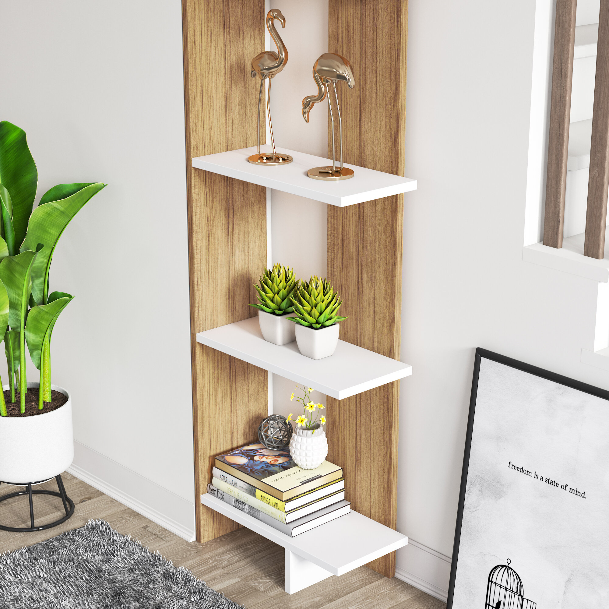 Stylish Wooden Corner Rack Wall Display 5 Shelves Bookcase Bookshelf Wood White 