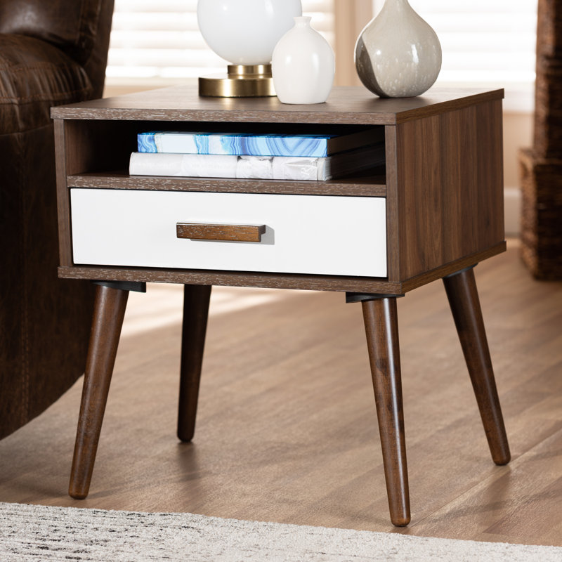 Union Rustic Revis Mid Century Modern Two Tone White And Walnut Finished 1 Drawer Wood End Table Wayfair