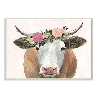 Springtime Flower Crown Farm Cow With Horns Picture Frame