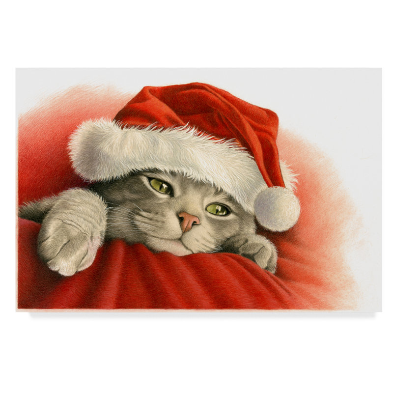 Trademark Art Gray Cat With Santa Hat Acrylic Painting Print On Wrapped Canvas Wayfair