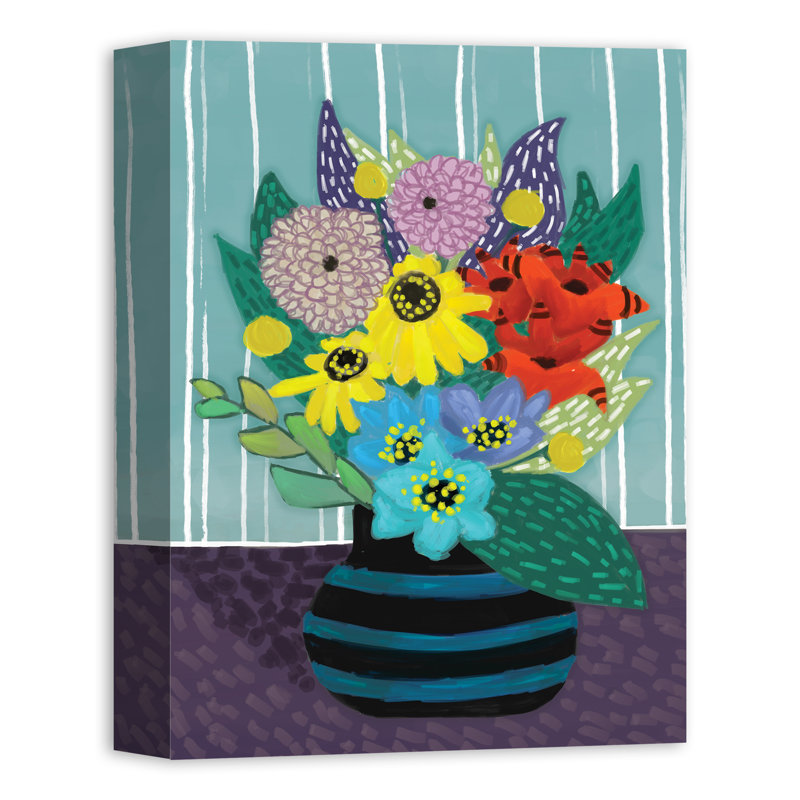 Flowers In Striped Vase Acrylic Painting Print On Canvas Joss