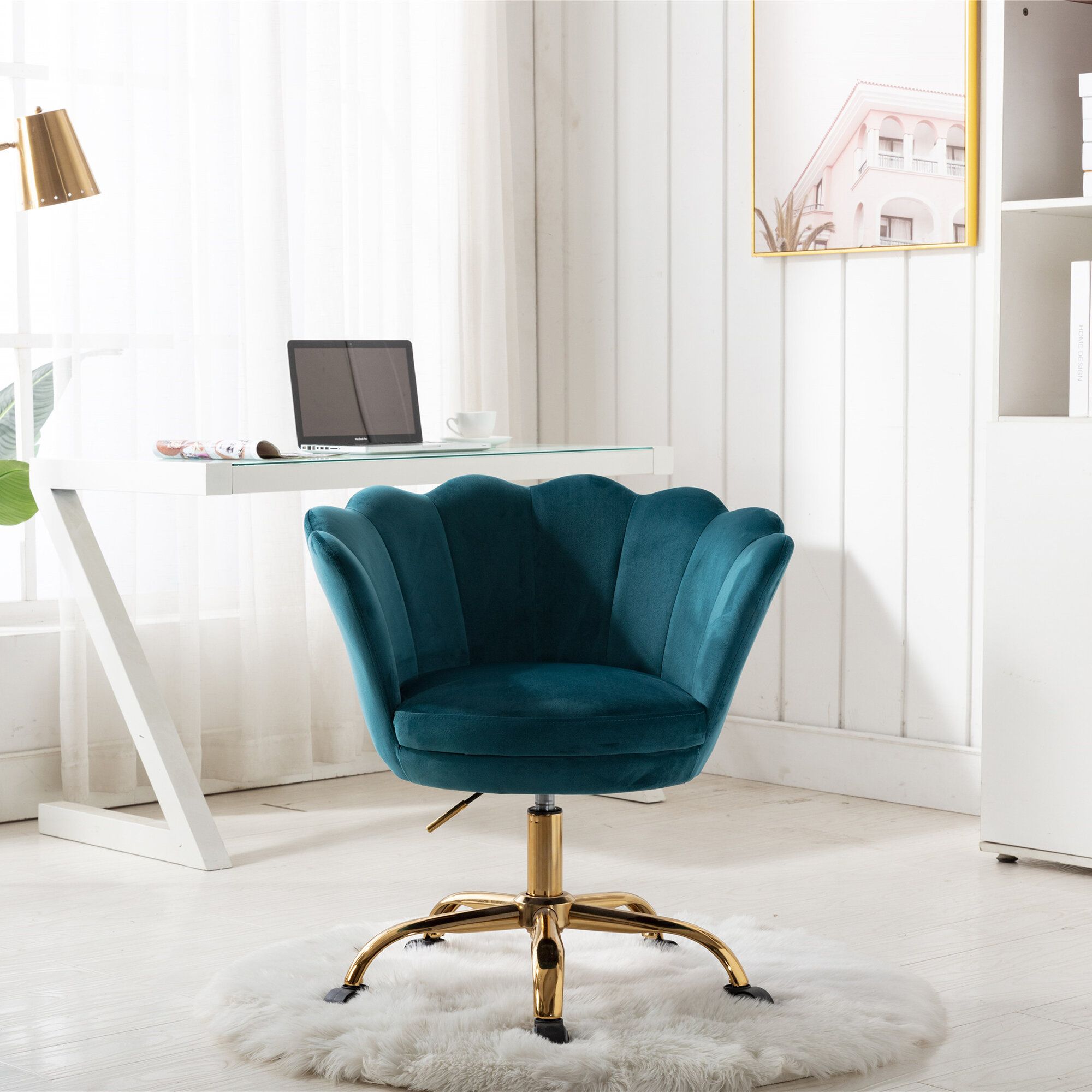 Everly Quinn Velvet Swivel Chair On 5 Rolling Castors