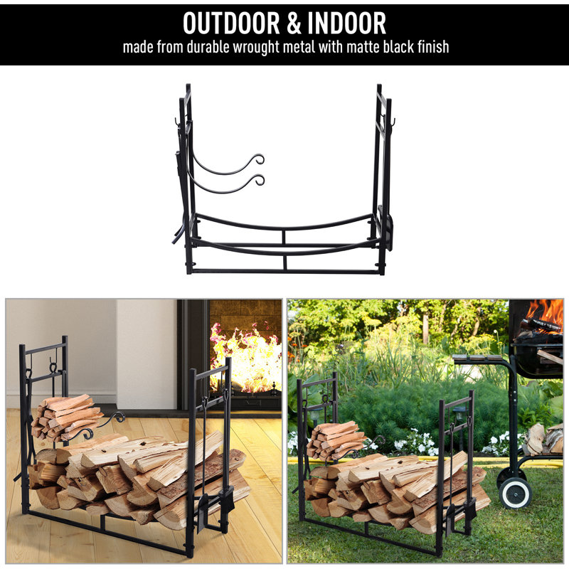 Outsunny Wood Storage Rack Log Holder With Kindling Holder And 4 Tools Indoor Outdoor Metal Black Wayfair Ca
