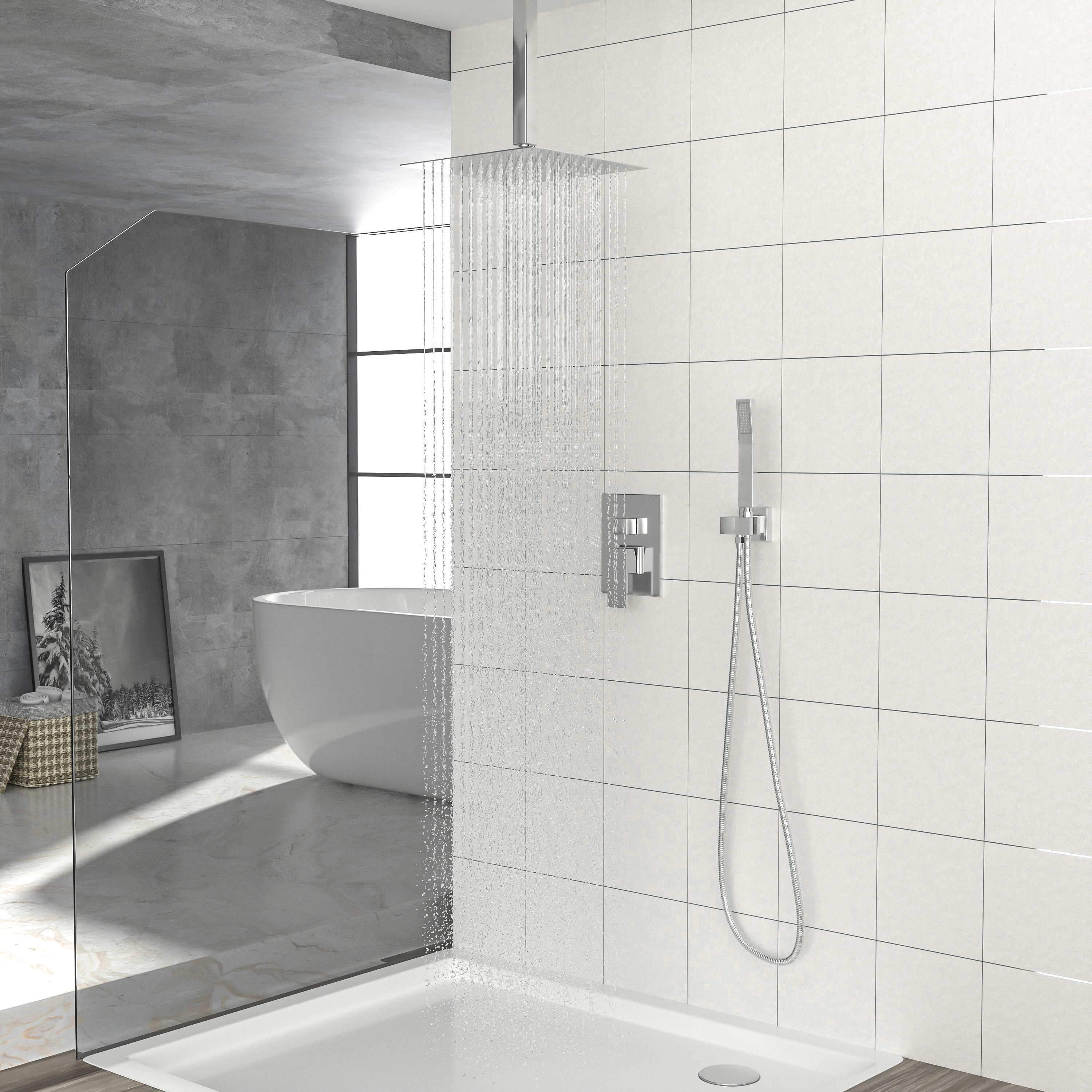 Black Square Bathroom Shower Faucet Set Rain Spout Ceiling/Wall Mount Mixer Tap
