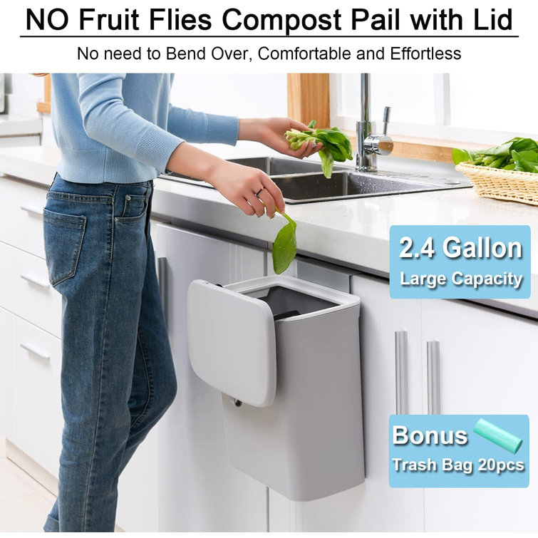 2.4 Gallon Kitchen Compost Bin for Counter Top or Under Sink Gray Hanging Small Trash Can with Lid for Cupboard/Bathroom/Bedroom/Office/Camping Mountable Indoor Compost Bucket 2.4 Gallon Kitchen Compost Bin for Counter Top or Under Sink Gray Hanging Small Trash Can with Lid for Cupboard/Bathroom/Bedroom/Office/Camping Mountable Indoor Compost Bucket