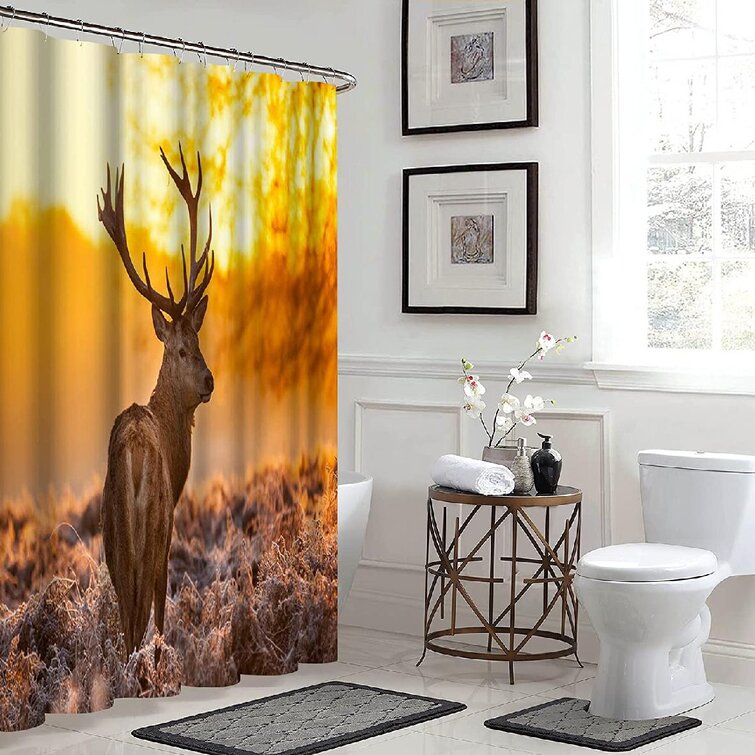 Designer Deer Illustration Print Elk Fall Leaves Nature Decor Shower Curtain Set 