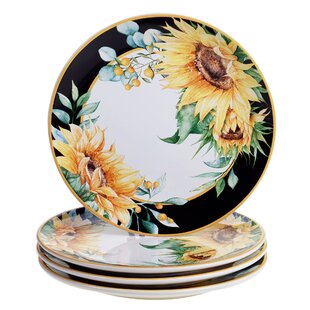 XINLU Brightly Colored Yellow Sunflower Decorative Plates for Kitchen Ceramic Plate Decor Home Wobble-Plate with Display Stand Decoration Household Designer Ceramic Plates