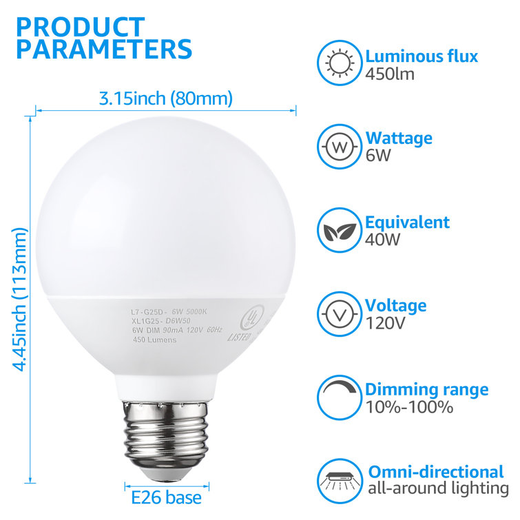 Bathroom Vanity Pendant 6W 5000K Daylight UL & Energy Star Listed TORCHSTAR G25 Dimmable LED Globe Bulb 450lm for Makeup Mirror Dressing Room Pack of 6 E26 Base 40W Eqv. Bathroom Vanity Pendant 6W 5000K Daylight UL & Energy Star Listed TORCHSTAR G25 Dimmable LED Globe Bulb 450lm for Makeup Mirror Dressing Room Pack of 6 E26 Base 40W Eqv.