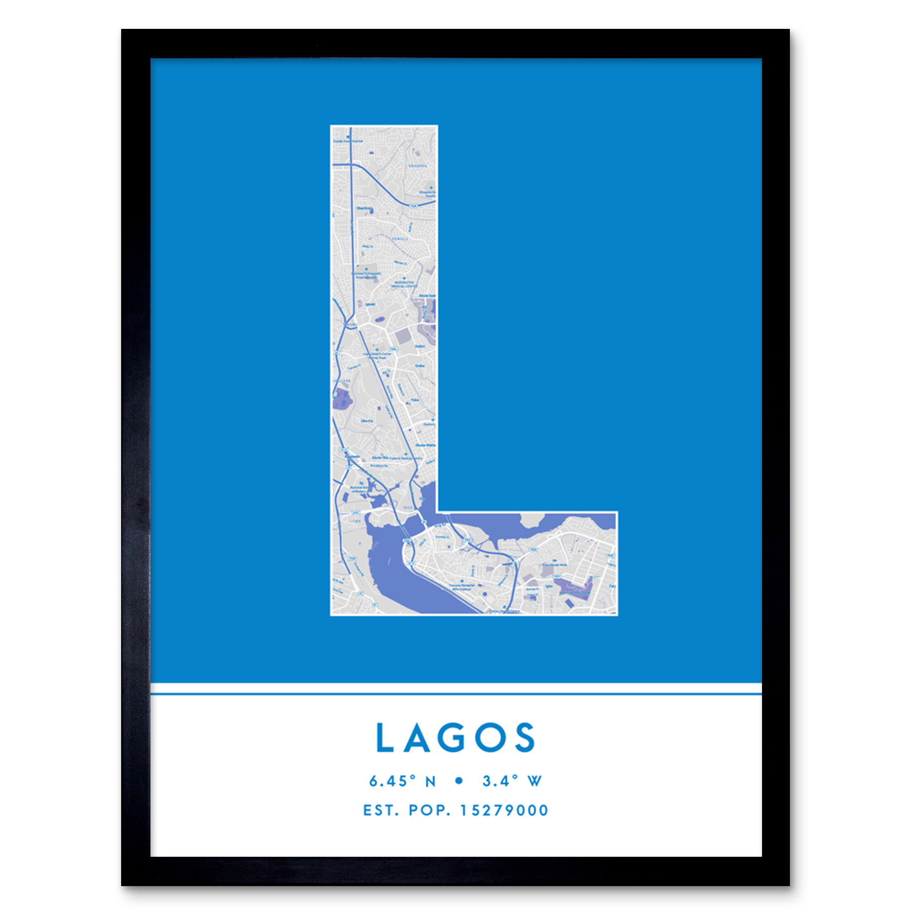 Wee Blue Coo Lagos City Map Lagos Blue by Wee Blue Coo Picture Frame