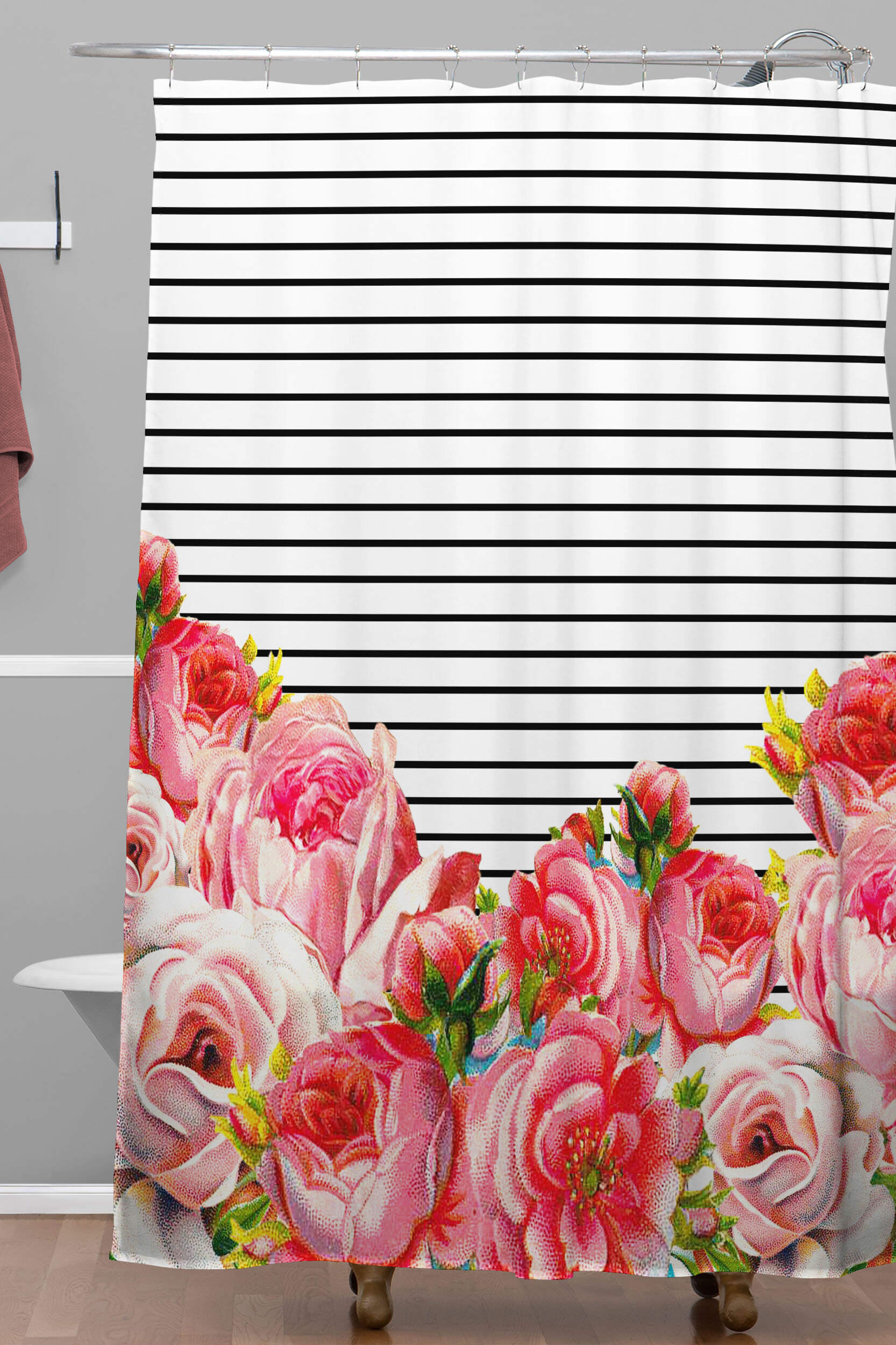 Brayden Studio Deleon Bold Floral and Stripes Polyester Shower Curtain ...